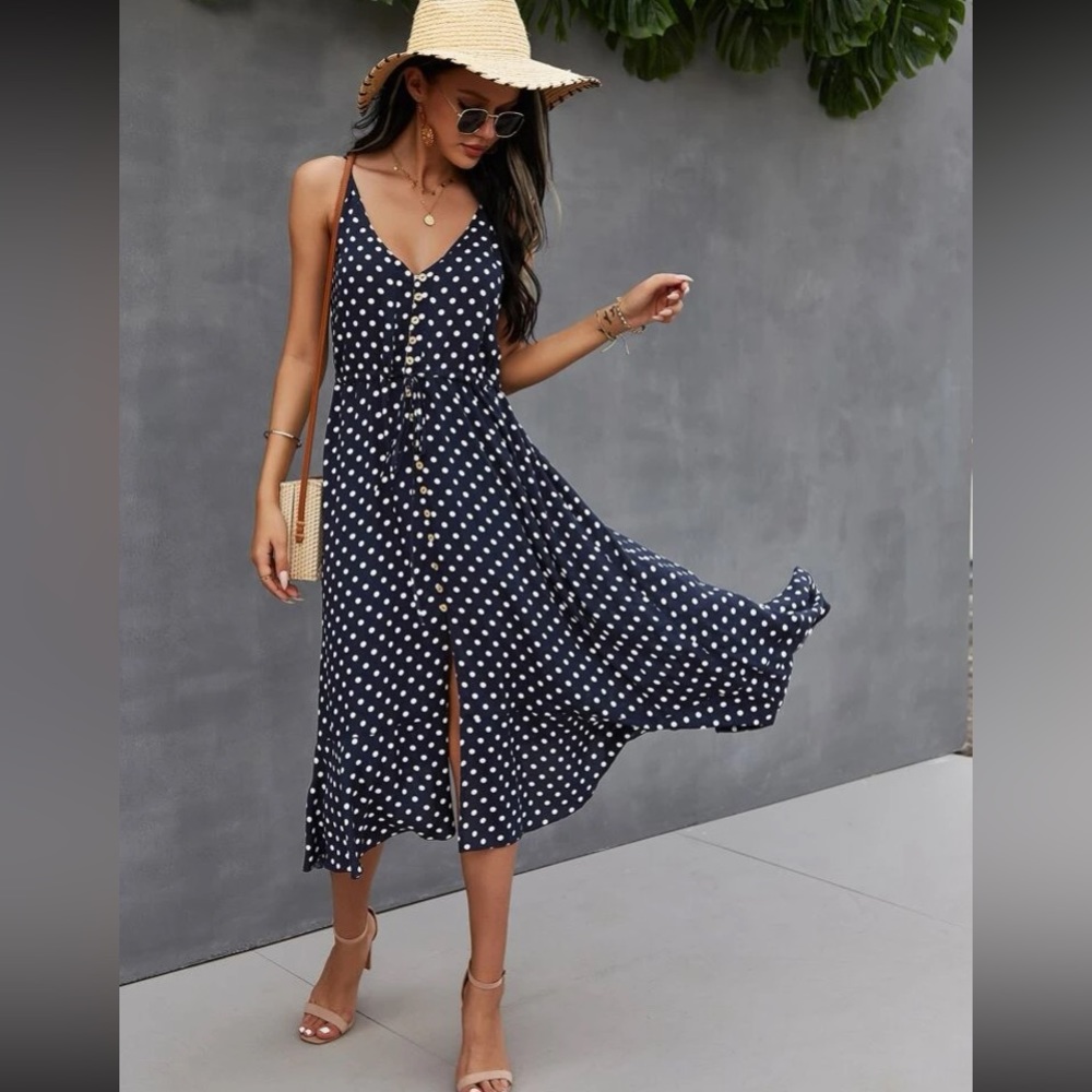 Boho polka dots print button detail drawstring waist cami dress - Picture 6 of 16